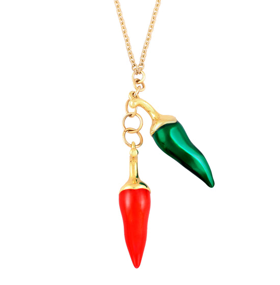 14ct Yellow Gold Red and Green Enameled Chilies Charm Necklace