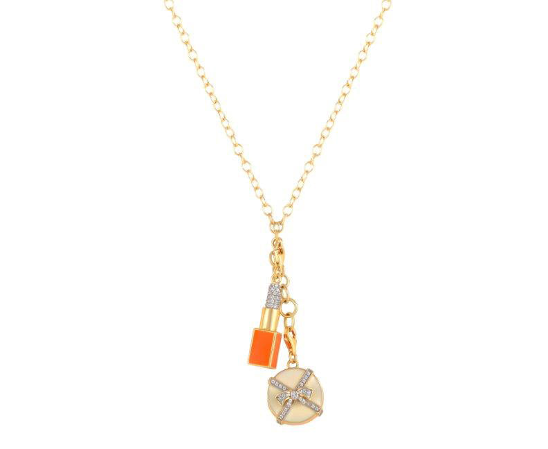 14 Ct yellow Gold Diamonds enalmel Lipstick and Gift Box Charm Necklace